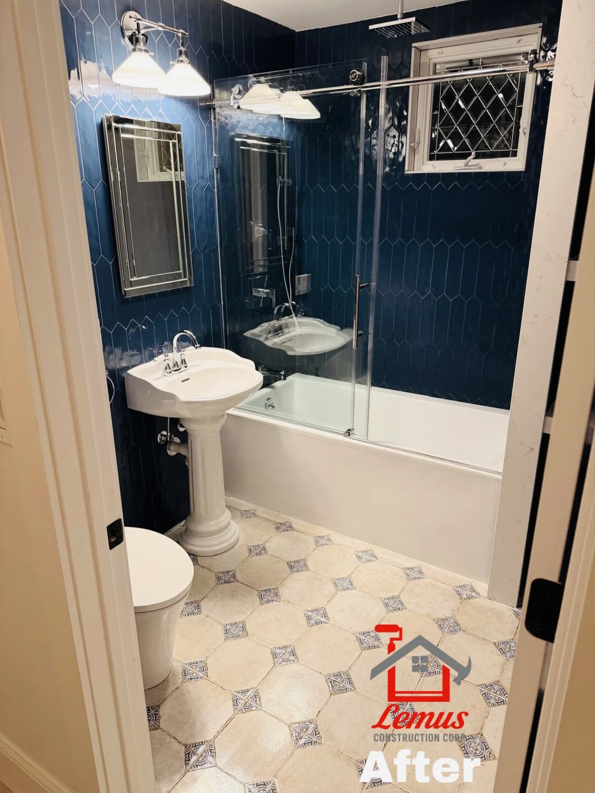 Blue bathroom after renovation